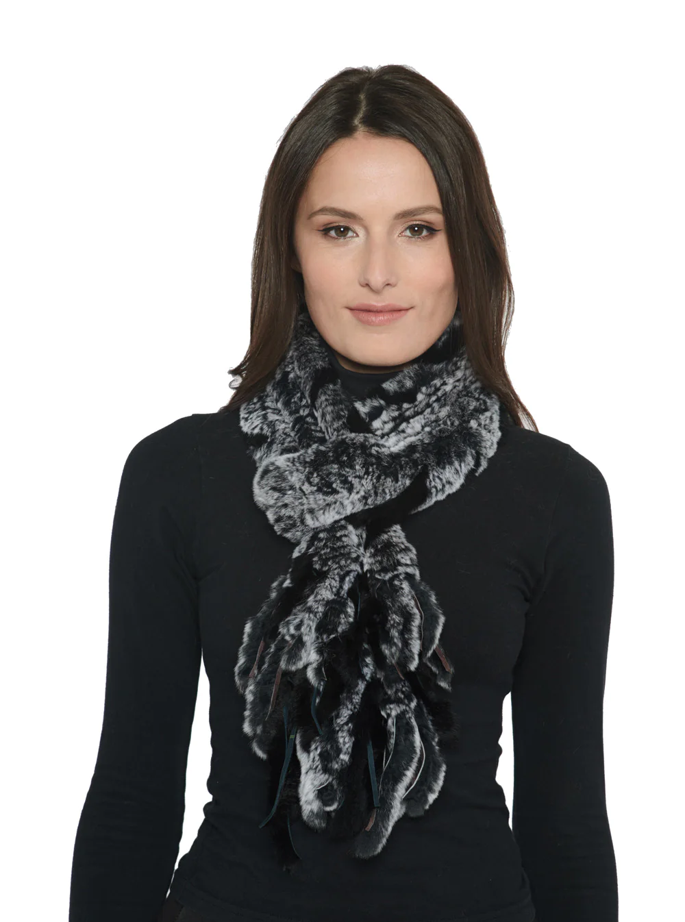 Fur Scarf - Knitted Rex rabbit loop scarf w/ fringes on one end